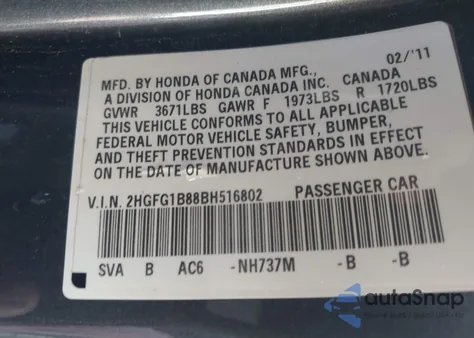 2011 Honda Civic Ex from USA, damaged, VIN 2HGFG1B88BH516802